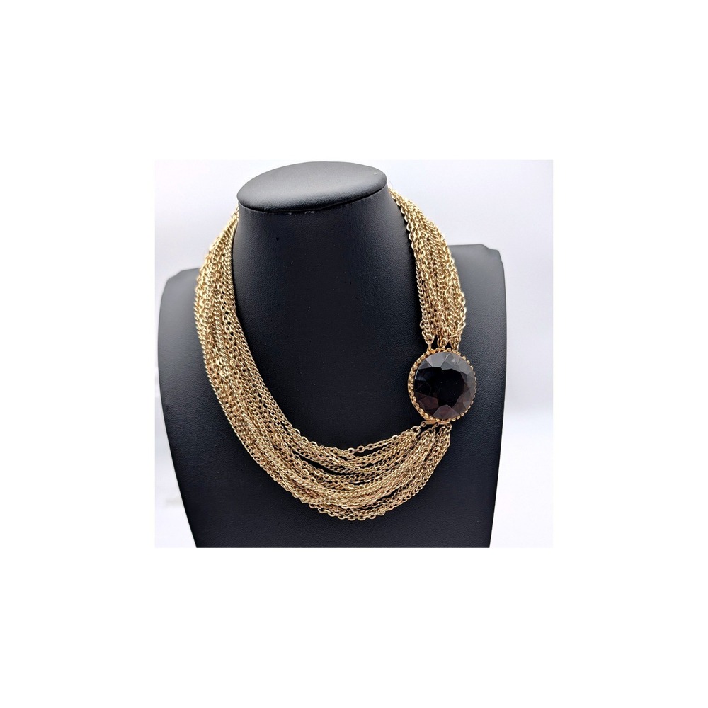 Vintage Gold Tone Multi Strand Chain Bib Necklace Smoky Brown Statement Stone
